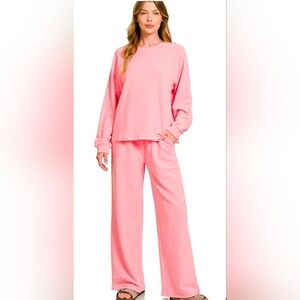 NWT Zenana Slub Long Sleeve Top and Pants Lounge Set SZ L